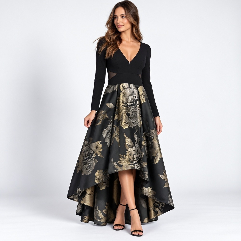 Xscape Gown Women 4 Black Gold Metallic Floral Brocade Mesh Cutout High-Low 770X
